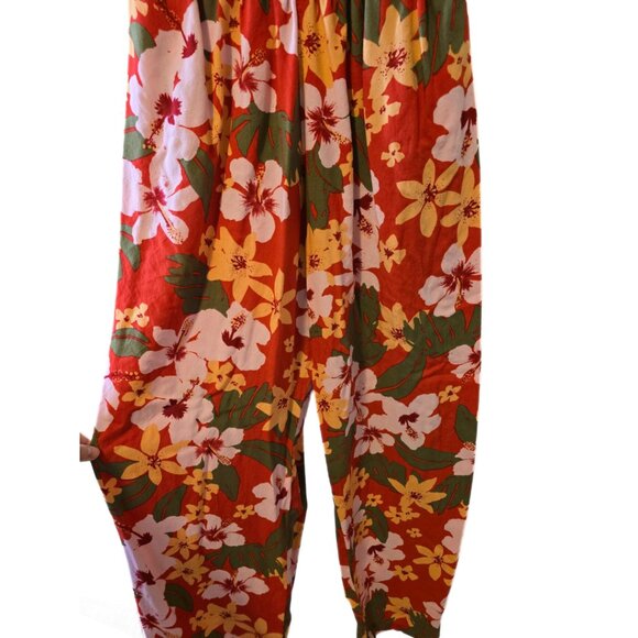 Tropical Floral Strapless Jumpsuit Long Pants Ruched Bodice Red Yellow Summer M - Picture 3 of 11